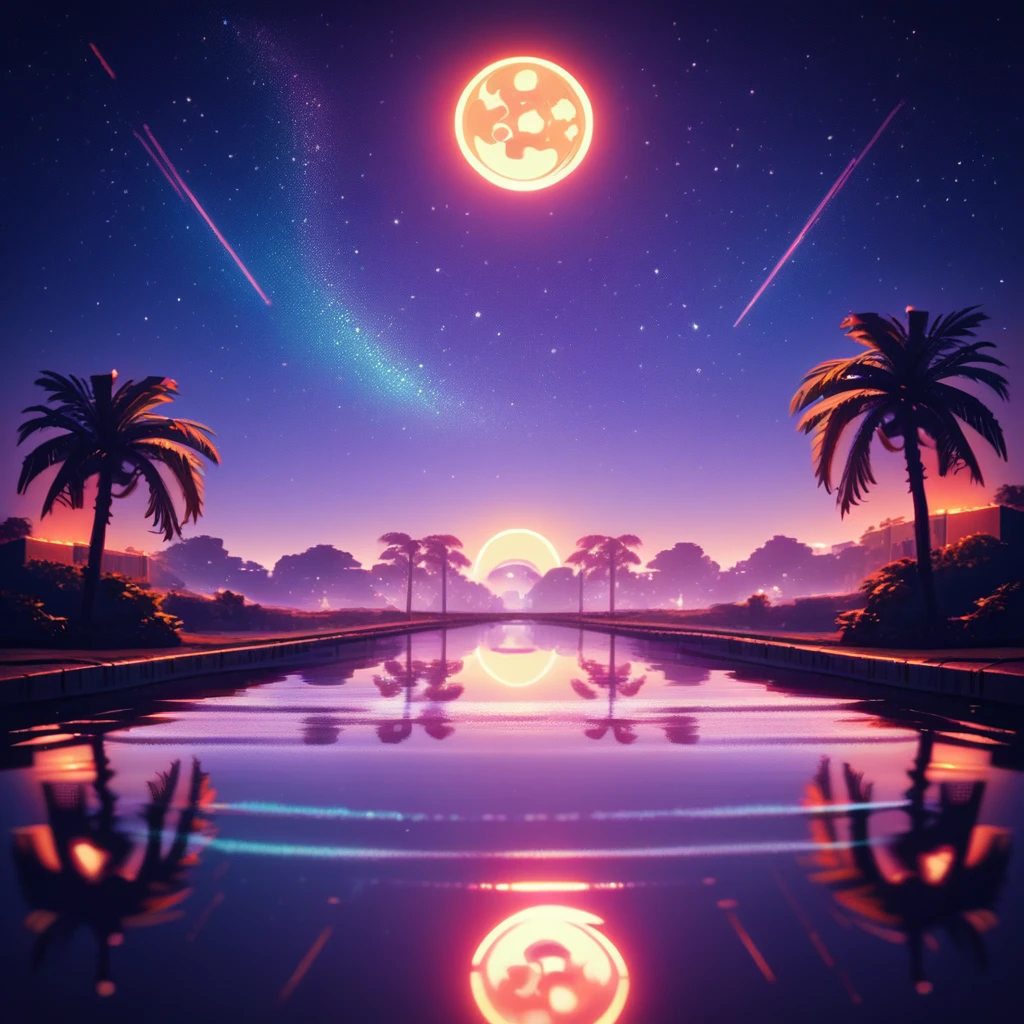 spltzz, tree, scenery, palm tree, star (sky), sky, night, outdoors, reflection, starry sky, no humans, night sky, water, moon, neon, vaporwave, retro, score_9, score_8_up, score_7_up, score_6_up, score_5_up, score_4_up,