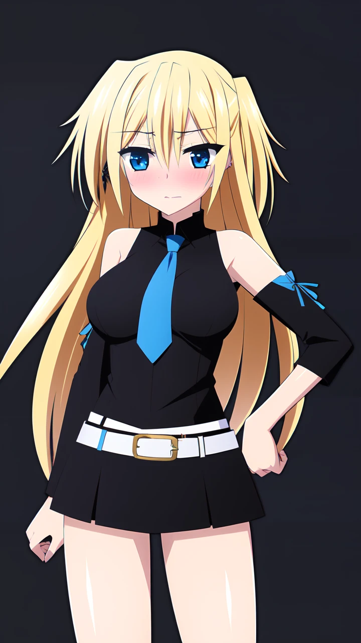 masterpiece, best quality,
 <lora:heronever_astel.sd15.v1:1> astel,1girl,solo, blond hair, long hair, blue eyes
(stdoutfit) black shirt black kneehighsbreak white skirt white beltblue necktie bare shoulders blush embarrassed detached sleeves blue sleeves
standing,
(simple background, black background),