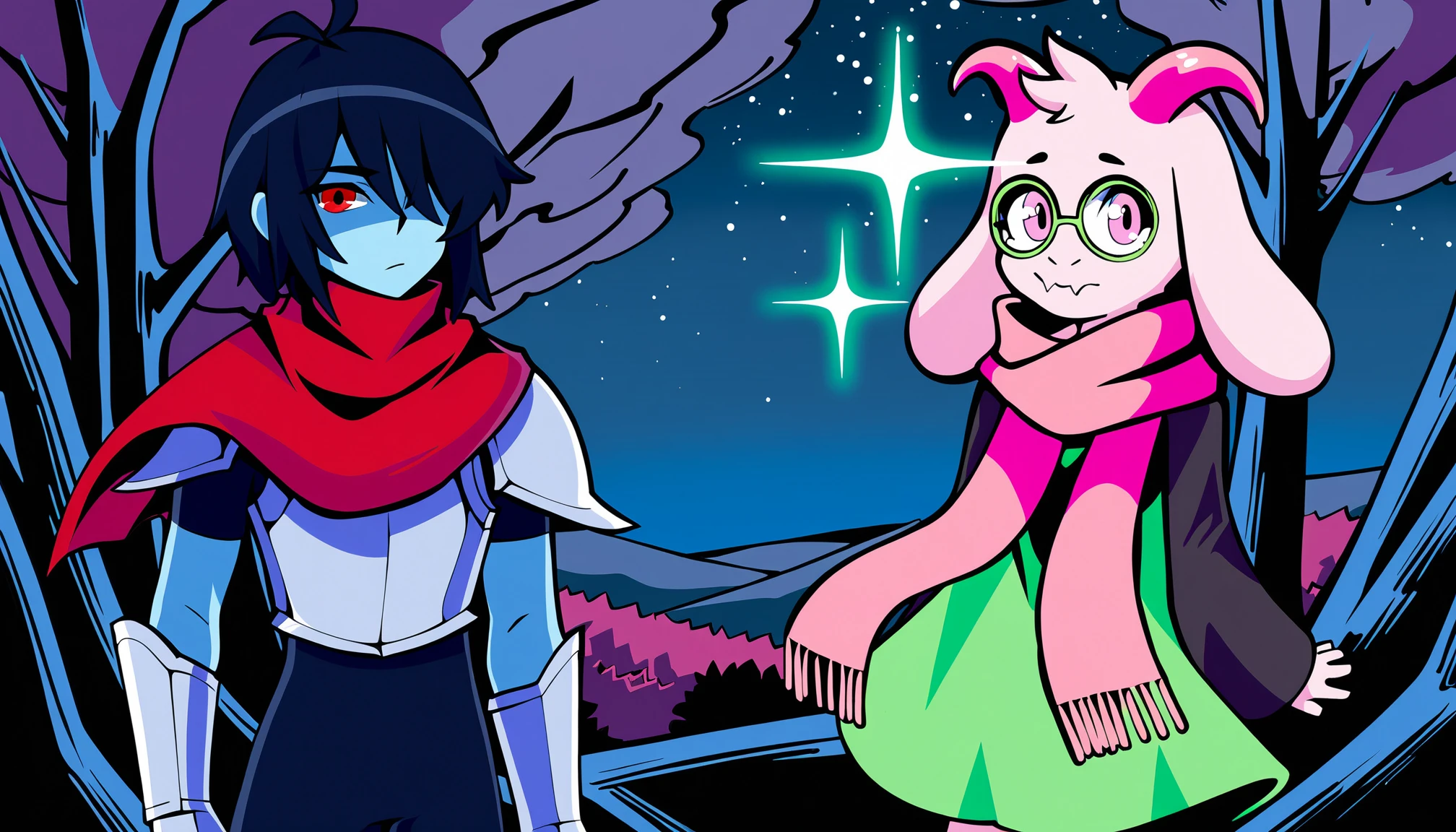 (Regional prompt) LEFT SIDE:
darkkris, illustration, black hair, 2boys, armor, red eye, red cape, hair_over_one_eye, (looking at viewer:1.2), night sky,  outside, trees,  masterpiece, best quality, 
RIGHT SIDE:
ralsei, illustration, 2boys, (looking at viewer), magic sparkles, black sleeves, pink eyes, scarf,  outside, trees, night sky, masterpiece, best quality, 