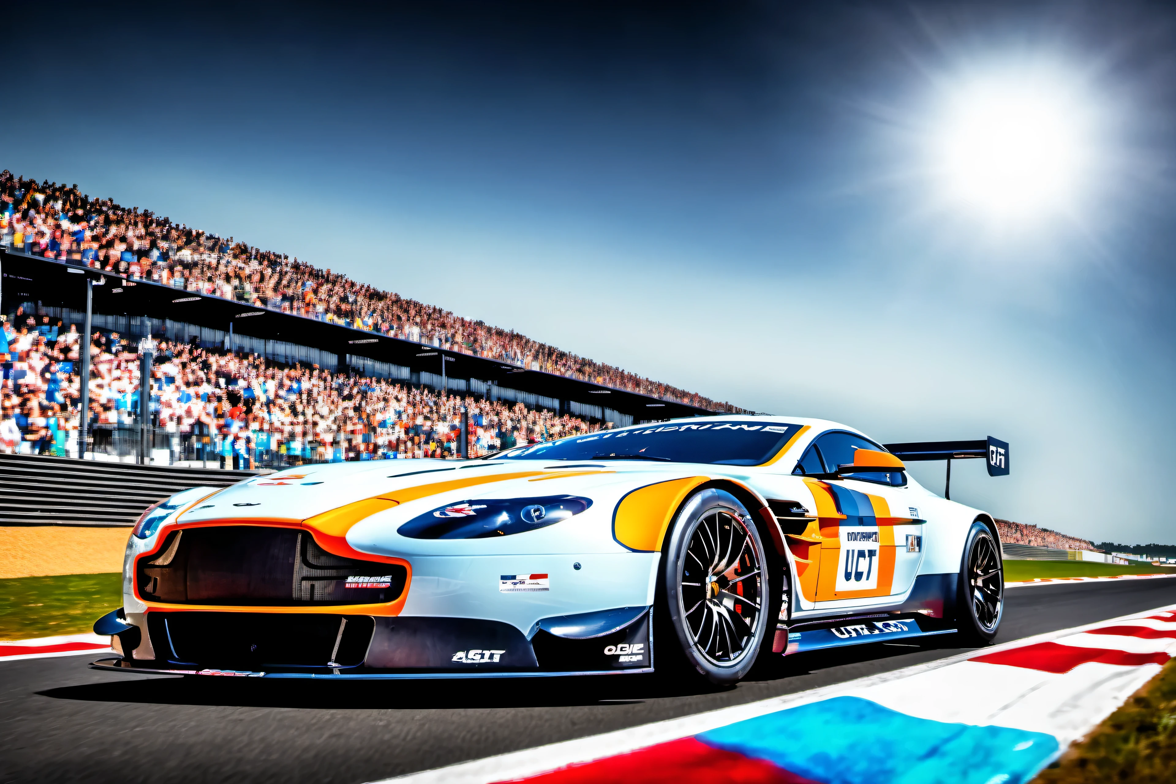 masterpiece, best quality, aston martin, V8 Vantage GT2, le mans race track, in motion, full specular sharpened 3D, HDR, UHD, vivid colors, occlusion, masterpiece, panorama, super detail, accurate, best quality, 4K, ultra-super quality, ultra-photo realistic detail, utltra-high nanite atmospheric lighting, ultra-high detailed reflections, very far shot, ultra-wide angle, 4D composite mapping, ultra-high 3D depth mapping quality, ultra-high render quality, OLED, dynamic rich shadows, ultra-high realistic graphics, HDR, (very far shot), ultra-high background detail, god rays, backlighting