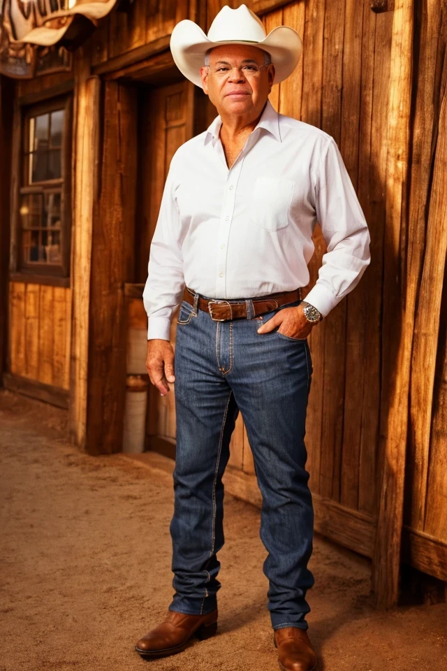 bob menendez <lora:senate_059_bob_menendez:0.65> , face closeup, face focus, shirt, formal, suit, collared shirt, white shirt, jacket,
Dressed in cowboy attire with a ten-gallon hat and cowboy boots, standing in front of a Western saloon, lasso or branding iron,
best quality, masterpiece, HDR, professional, studio quality, highres,
