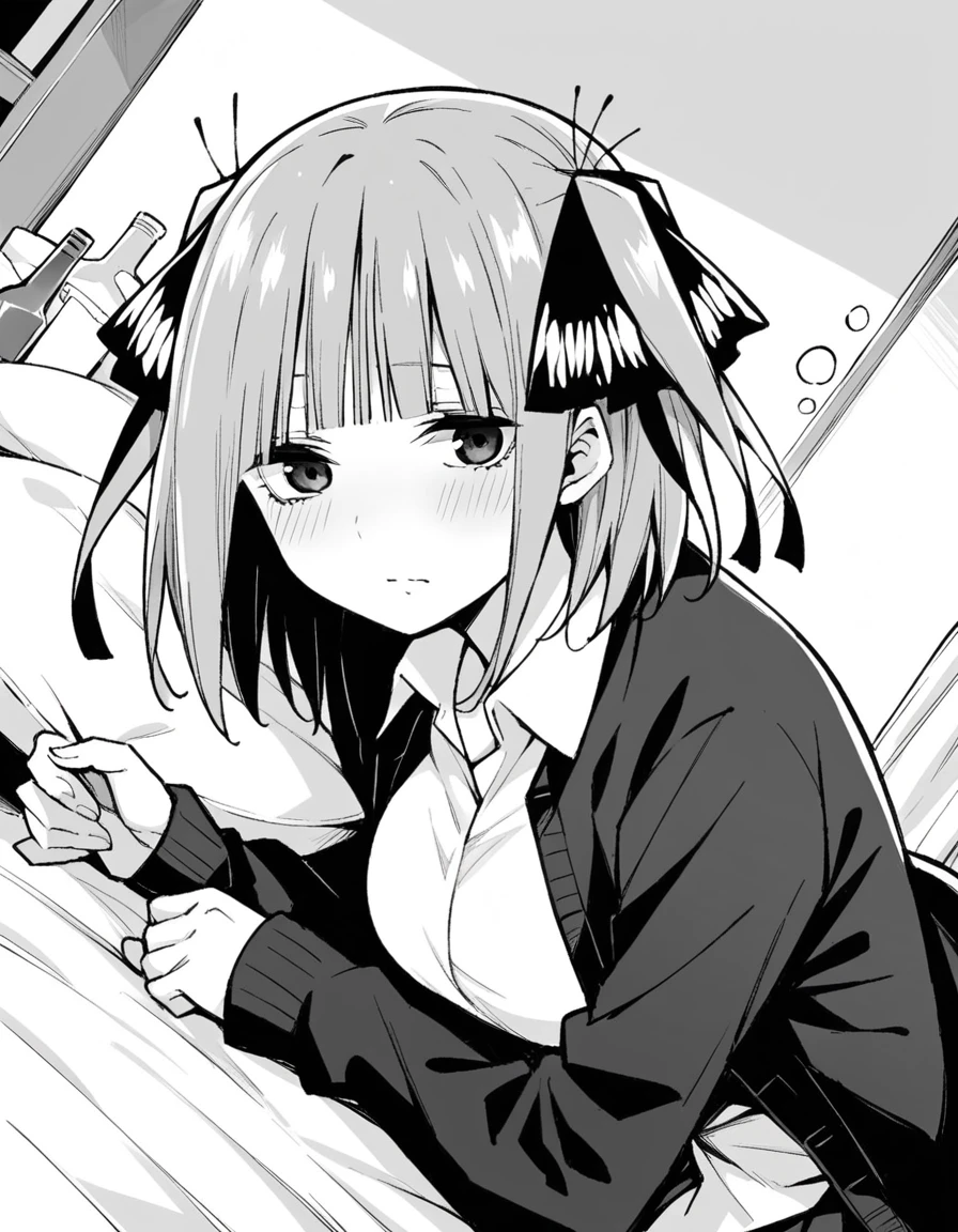 score_9, score_8_up, score_7_up, source_anime,
ninonakano, <lora:nino-nakano-manga-ponyxl-lora-nochekaiser:1>,
nino nakano, short hair, bangs, hair ornament, hair ribbon, blunt bangs, two side up, butterfly hair ornament, monochrome, greyscale,
skirt, shirt, long sleeves, white shirt, pleated skirt, open clothes, collared shirt, sleeves past wrists, dress shirt, cardigan, open cardigan, black cardigan,
indoors, bed, bed room, on side, blush, drunk,
looking at viewer, cowboy shot, dutch angle, solo, mature female,