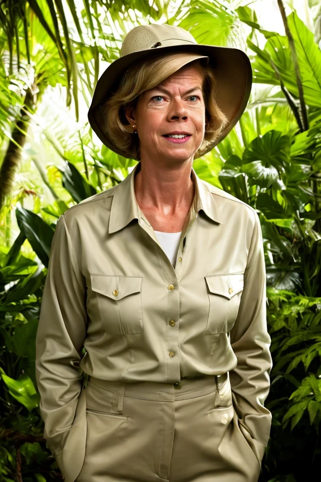tammy baldwin <lora:senate_098_tammy_baldwin:0.65> , face closeup, face focus, shirt, formal, suit, collared shirt, white shirt, jacket,
Wearing a safari outfit with pith helmet, standing in a jungle setting,
best quality, masterpiece, HDR, professional, studio quality, highres,