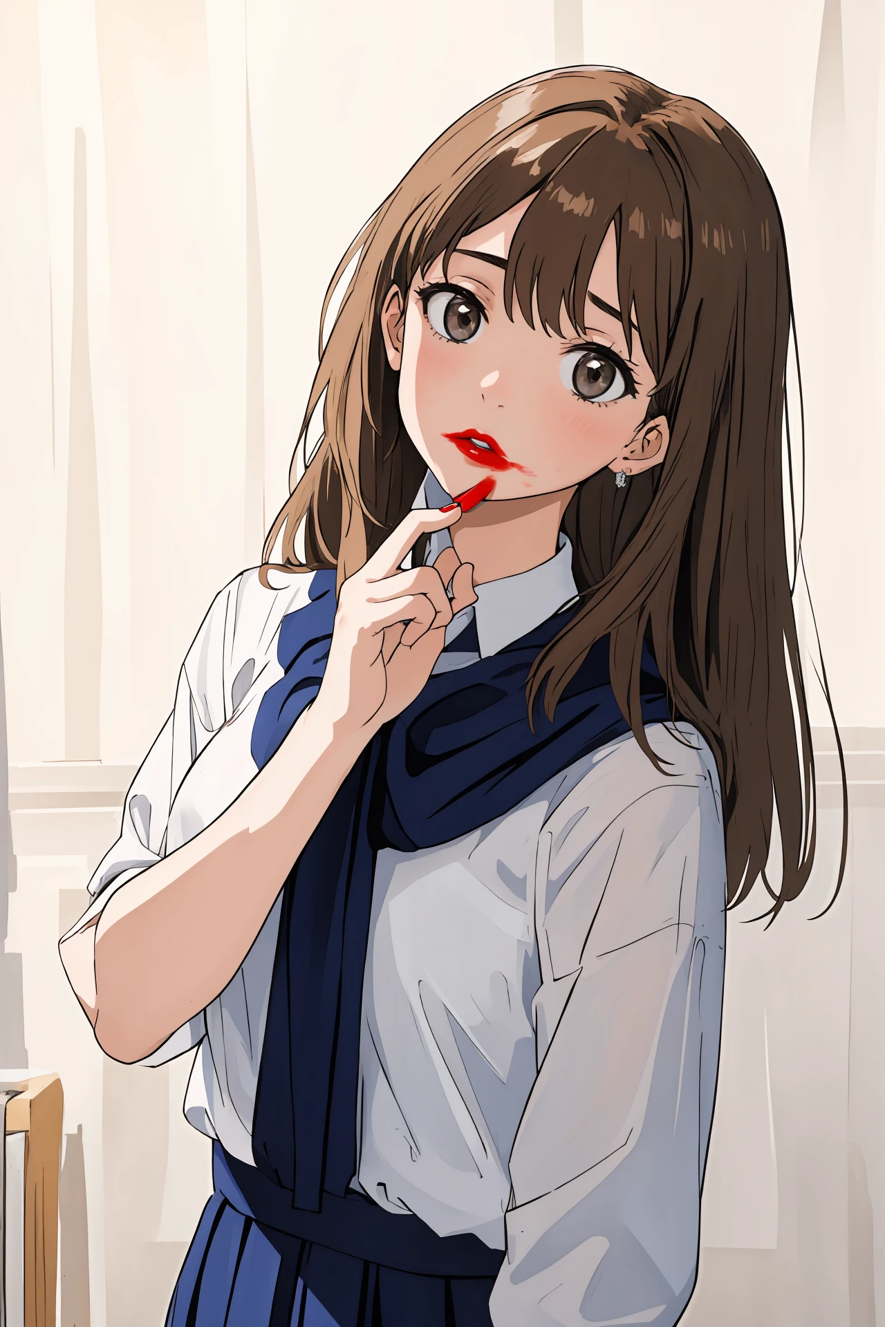 (masterpiece,best quality,absurdres),1girl,solo,head tilt,light brown hair,shirt_lift,upper body,dynamic_angle,
<lora:smeared lipstick_bx-v1.02:1>,smeared lipstick,