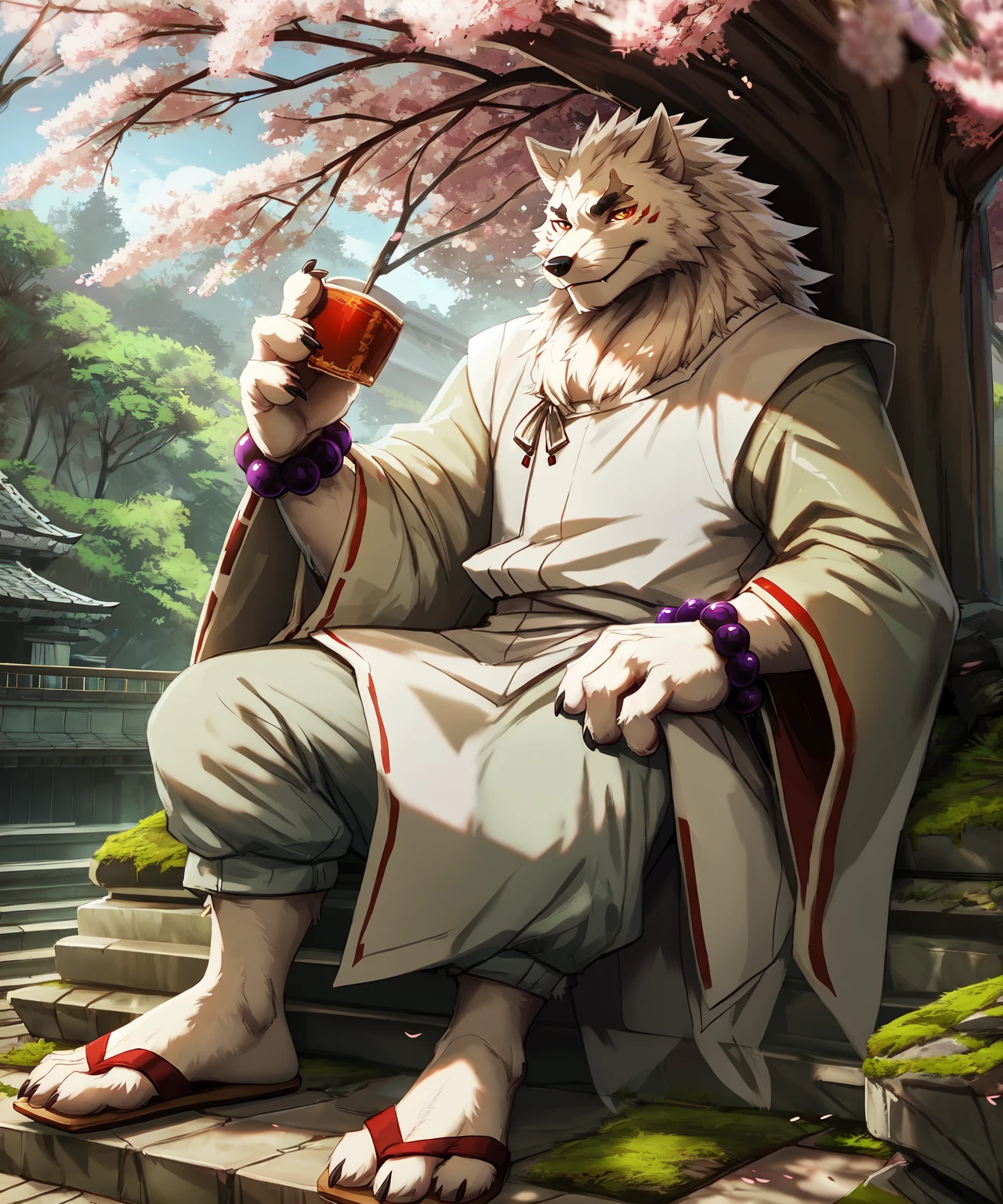 this photograph depicts a male gintar0 reclining against a tree,solo, gintar0, canid, leaning back,against tree, detailed eyes,4 fingers, three-quarter view, sandals, sharp amber eyes, anthro, fluffy fur, white fur,white kimono, slim male, white body,bead bracelet, purple bead bracelets, looking at viewer, fangs, canine teeth, feet,paws, claws, anatomically correct,ventral groove, light smile, 4k,hi res,detailed, insanely detailed, depth of field, outdoors, moss covered shrine, cherry blossoms, (cinematic lighting, wide dynamic range, hdr), by lion21, by sky gomi, by negy, by lynncore, by imperatorcaesar,by kammi-lu, by falcrus, by patto, by zackary911, <lora:gintar0_YM:0.8>