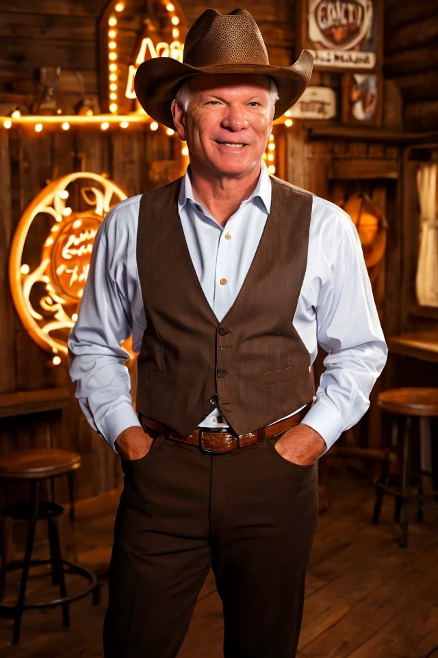 ben cardin <lora:senate_039_ben_cardin:0.65> , face closeup, face focus, shirt, formal, suit, collared shirt, white shirt, jacket,
Dressed in cowboy attire with a ten-gallon hat and cowboy boots, standing in front of a Western saloon, lasso or branding iron,
best quality, masterpiece, HDR, professional, studio quality, highres,