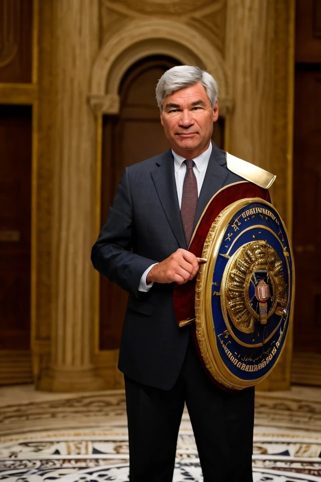 sheldon whitehouse <lora:senate_078_sheldon_whitehouse:0.65> , face closeup, face focus, shirt, formal, suit, collared shirt, white shirt, jacket,
Wearing gladiator armor, standing in a Roman-style coliseum, holding a sword and shield with the Senate emblem on it,
best quality, masterpiece, HDR, professional, studio quality, highres,