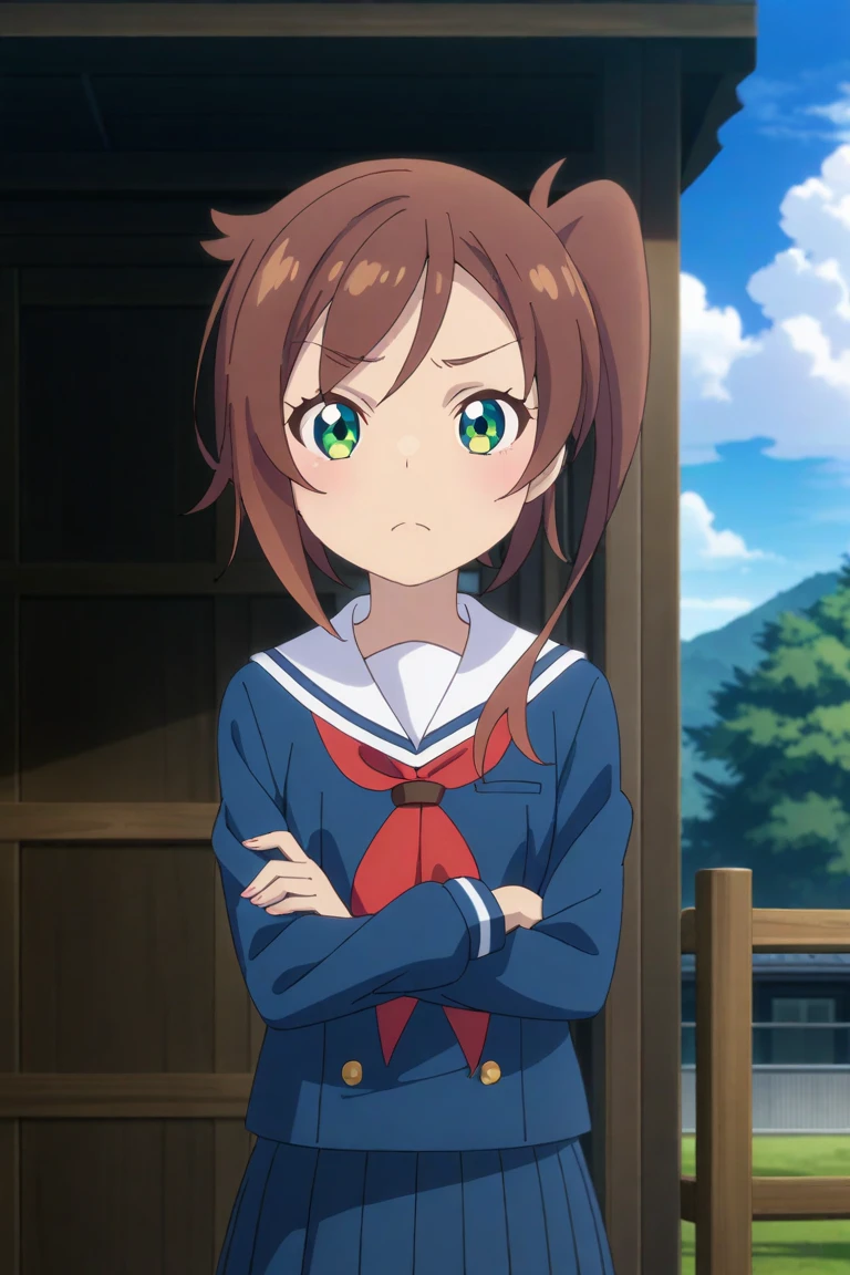chikura shizuru,1girl, solo, school uniform, skirt, green eyes, outdoors, brown hair, blue skirt, crossed arms, neckerchief, pleated skirt, red neckerchief, serafuku, looking at viewer, day, long hair, long sleeves, tree, sailor collar, side ponytail, blue serafuku, closed mouth, white sailor collar, standing, blue shirt, sky, bangs, shirt, cloud, frown
 <lora:chikura shizuru A31 e1:0.85>