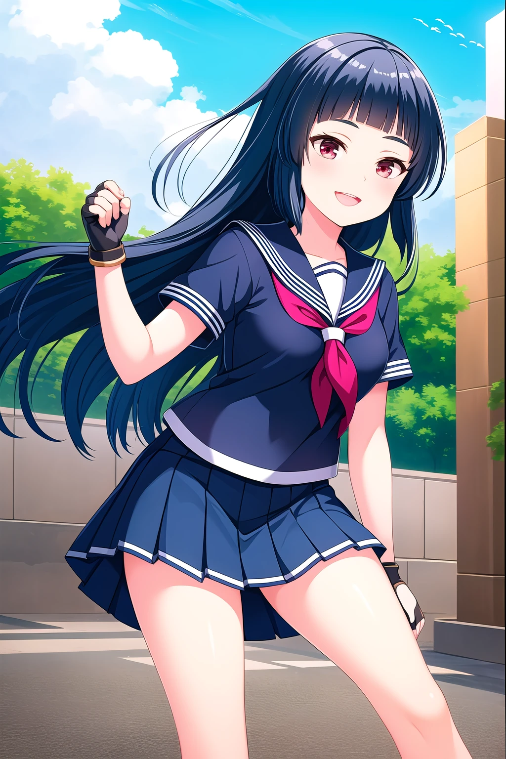 (masterpiece, best quality), highly detailed background, perfect lightingbest quality, kurokawanagiko, solo, outdoors, school, dark blue hair, blunt bangs, very long hair, red eyes, medium breasts, blue serafuku, blue shirt, red neckerchief, short sleeves, left arm up, black gloves, fingerless gloves, blue skirt, pleated skirt, school uniform, smile, open mouth, :d, pink lips, <lora:Kurokawa-Nagiko:0.7>