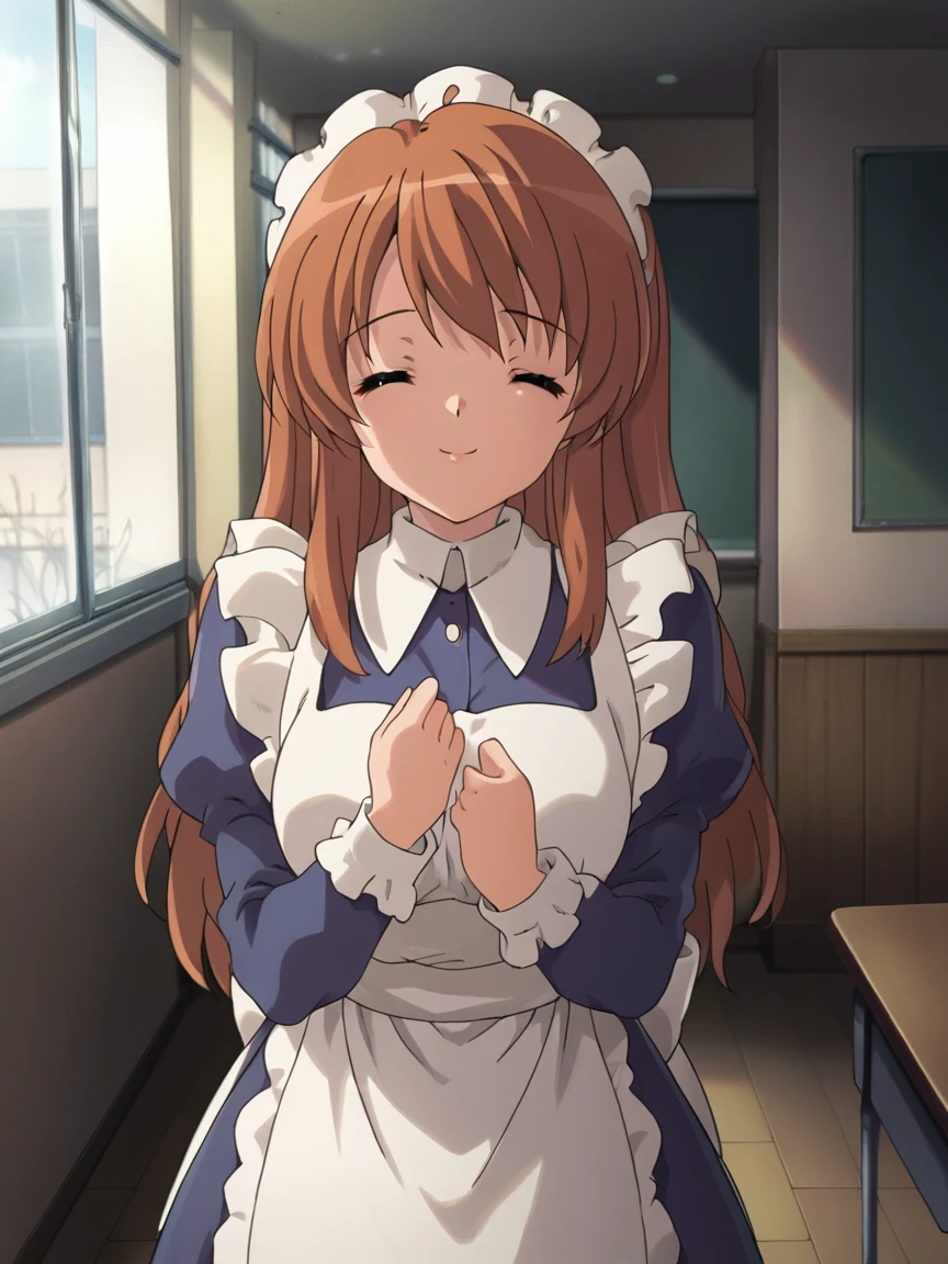 score_9, score_8_up, score_7_up, source_anime, school girl, Mikuru, brown eyes, ginger hair color, long hair, big breasts, maid outfit, long sleeves, <lora:Mikuru_Asahina_SDXL:1>, standing, looking at viewer, soft smile, closed eyes, head down, hands on skirt, doorway, indoors, background classroom, front view, portrait, soft light, shadows, masterpiece, 4k, best quality