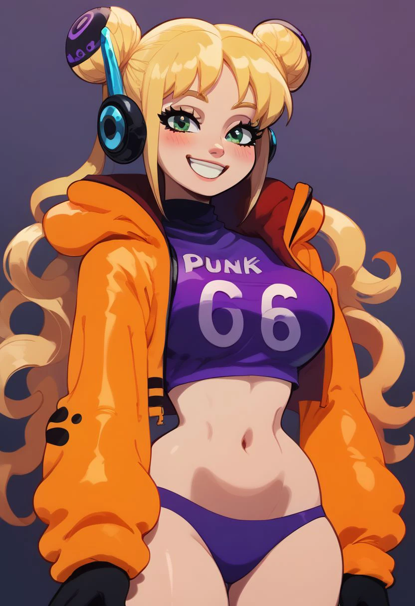 score_9, score_8_up, score_8, medium breasts, (curvy), zzvegapunkyork, Vegapunk_York, solo, 1girl, long hair, double bun, hair bun, blonde hair, orange jacket, purple crop top, purple bikini, green eyes, headphones, black gloves, solo, cowboy shot, looking at viewer, smile, blush,