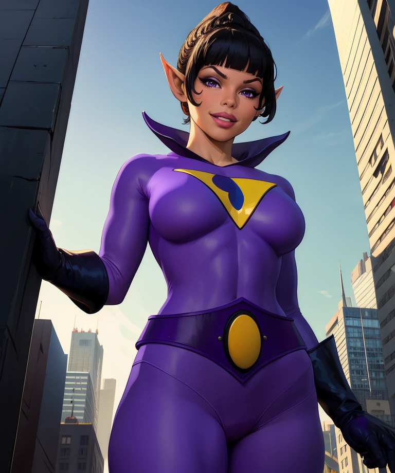 jayna,black hair,blunt bangs,lips,purple eyes,d pointy ears,
purple gloves,purple bodysuit,purple belt,J,
light smile,cityscape,cowboy shot,
from below,
(insanely detailed, masterpiece, best quality),solo,<lora:jaynaWTC:0.8>,