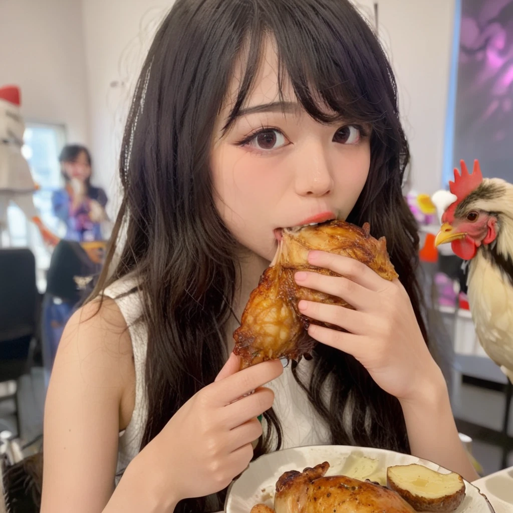 a girl eating a chicken, <lora:eatpan:0.8> <lora:emiruxl:0.8> emirulolxl,