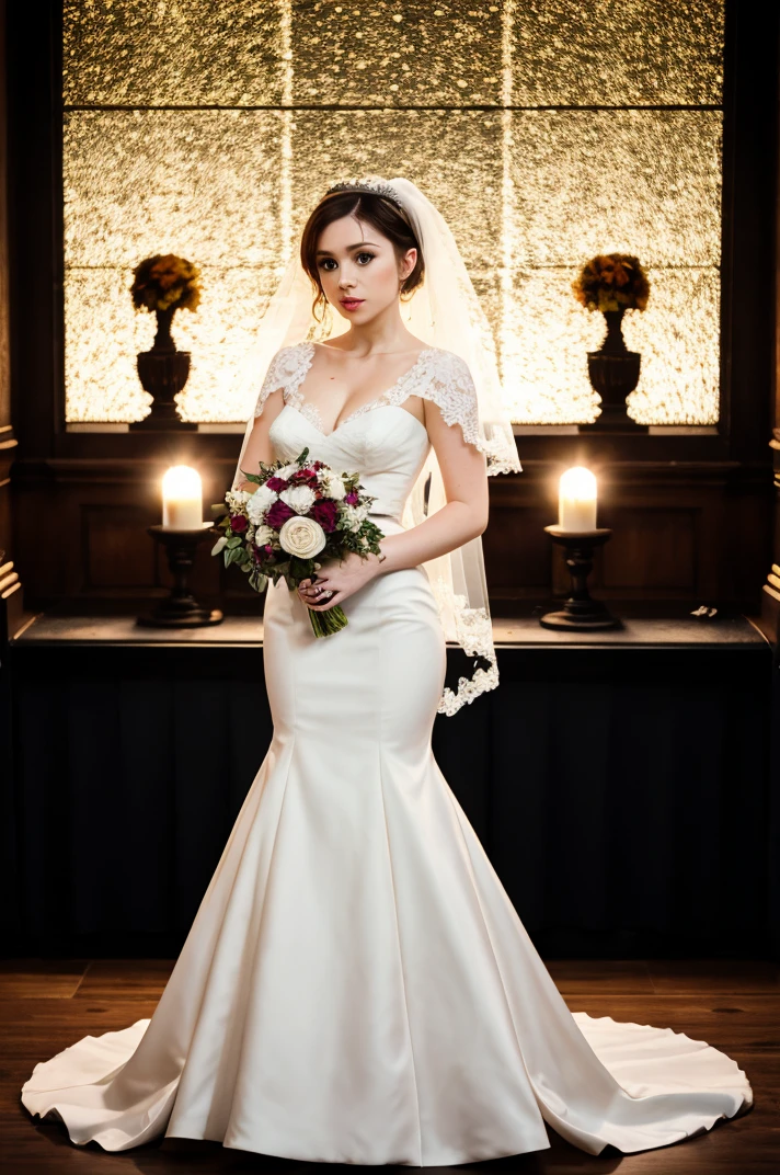 professional photo of  tv_Alida_MXAI, ,  , clever expression, wearing an ornate wedding dress, elegant makeup, pink lips, standing by the altar, ornately detailed glass mosaic in the background, ((full body shot)), PA7_Portrait-FL, 
BREAK, 8k resolution, highres, high detail, sharp focus, detailed skin,  8k uhd, bokeh, analog photography