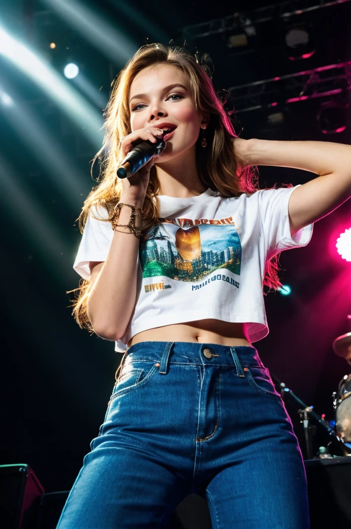 professional photo of  tv_Yulia_Polyachikhina_M, ,  , intense expression, wearing jeans and a t-shirt, standing on the stage at a crowded rock concert, spotlights, god rays, smoky interior,, 8k resolution, highres, high detail, sharp focus, detailed skin,  8k uhd, bokeh, analog photography