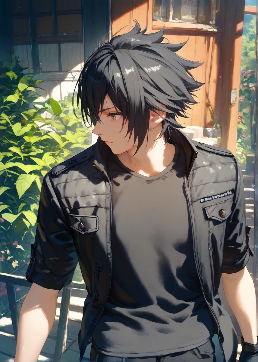 <lora:Noctis_(pony):1>, noctis, 1boy , upper body, posing for a photo, black jacket, black shirt, fingerless gloves, black pants, black hair ( score_9, score_8_up, score_7_up),