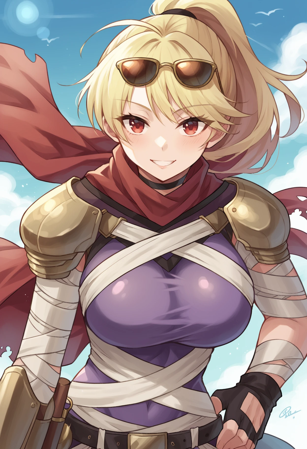 score_9, score_8_up, score_7_up,  assassin-ro, 1girl, solo,  <lora:Assassin-PDXL-RO:1>, shoulder armor, gloves, armor,  bandages, fingerless gloves, red scarf,  blonde hair,  red eyes,  long hair, purple bodysuit,  hand on one hip, bangs,   choker,  smile, slim waist, (large breasts:1.6), sunglasses on head