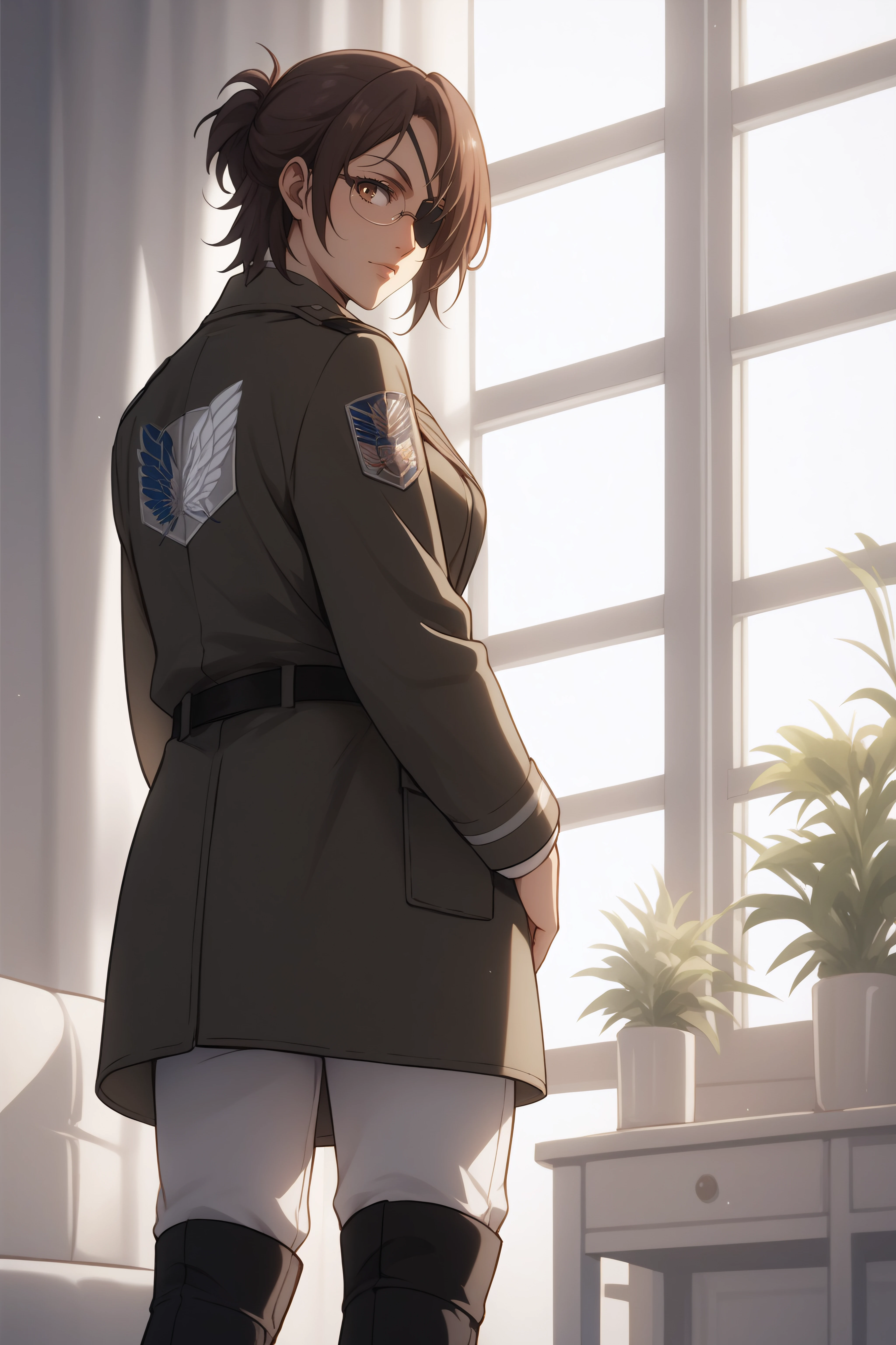 score_9, score_8_up, score_7_up, BREAK source_anime, <lora:hange zoë-PonyXL-lora-Faxtron:0.8> hange, glasses, brown eyes, dark brown hair, medium breasts, eye patch, military overcoat, survey corps \(emblem\), white shirt, white pants, knee boots, standing,