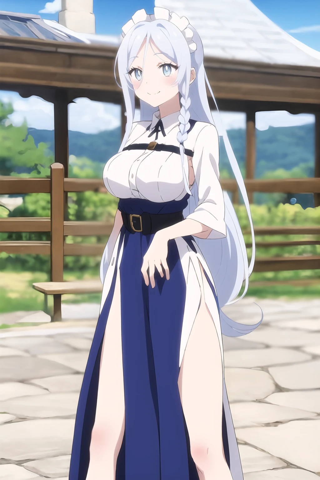 Sylpha, 1girl, long hair, breasts, smile, blue eyes, dress, braid, white hair, outdoors, sky, solo focus, day, belt, black belt, <lora:Sylpha - Dainanaoji T1:0.8>