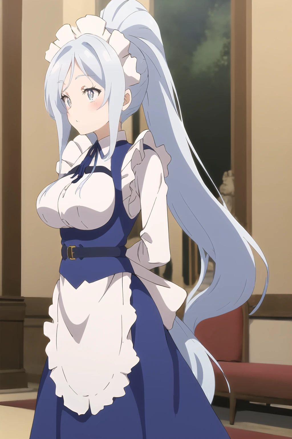 Sylpha, 1girl, solo, long hair, breasts, large breasts, dress, very long hair, blue hair, ponytail, maid, maid headdress, arms behind back, <lora:Sylpha - Dainanaoji T3:0.8>