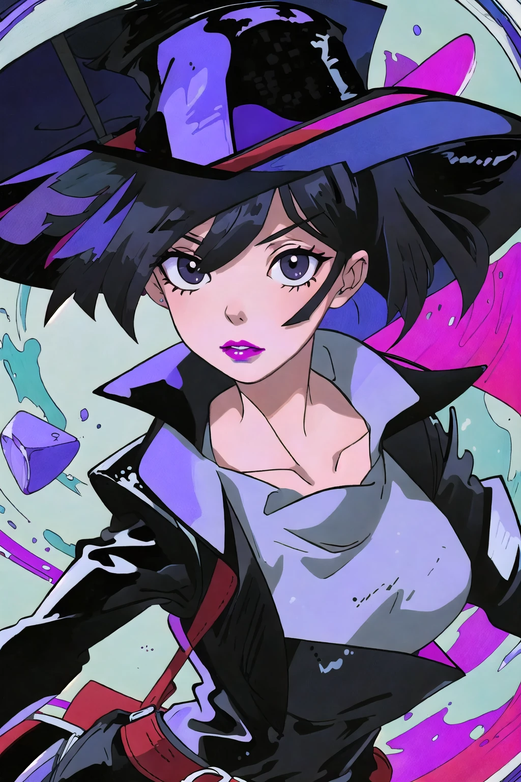 (Masterpiece, Best Quality:1.3), insaneres, (8k resolution), (centered), digital illustration, hyperdetailed, intricate details, deep depth of field, motion blur, traditional media, cybers1x, 1girl, solo, looking at viewer, black hair, gloves, hat, black gloves, fingerless gloves, hair over one eye, black eyes, makeup, witch hat, lipstick, red lips,ANIME<lora:EMS-179-EMS:0.200000>, <lora:EMS-350389-EMS:1.300000>