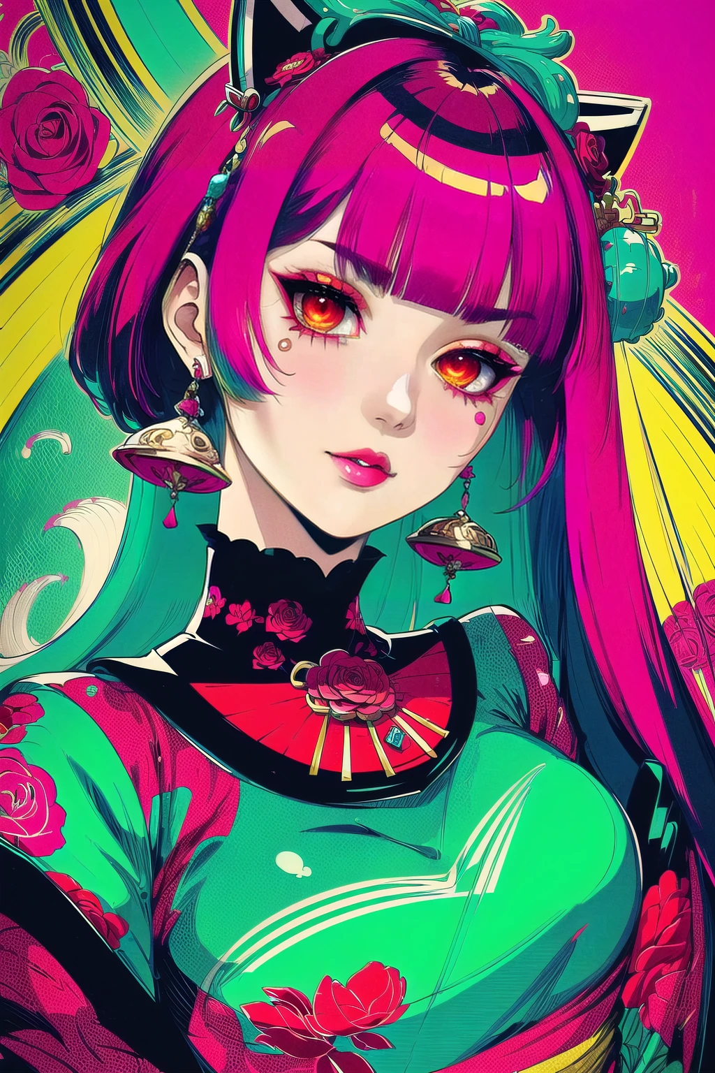 (Masterpiece), (highres), 8k, manga, digital illustration, 2d, retro artstyle, monochrome, partially colored,(ultra-detailed portrait of a woman,solo, shaded face, red rose, red theme, confident, jewelry, colorful, frill trim, extremely detailed, detailed face, lipstick, straight hair, bangs,stylish, expressive, blush, looking to the side, head tilt, cowboy shot, fully clothed, (8k resolution),post00d,Hajime_Saitou,,quju,Oiran,sugar_rune,sweetscape,hirom1tsu<lora:EMS-91280-EMS:0.400000>, <lora:EMS-269853-EMS:0.000000>, <lora:EMS-352161-EMS:1.200000>