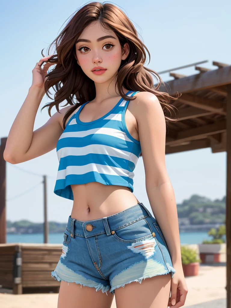 Realistic photo of a beautiful 3mmyr woman,1girl, solo, long hair, looking at viewer, simple background, brown hair, shirt, brown eyes, cowboy shot, shorts, midriff, striped, mole, lips, torn clothes, tank top, denim, mole under mouth, denim shorts, striped shirt, realistic, soft lighting, professional Photography, Photorealistic, detailed, RAW, analog, sharp focus, 8k, HD, DSLR, high quality, Fujifilm XT3, film grain, award winning, masterpiece<lora:3mmyr:1.0>