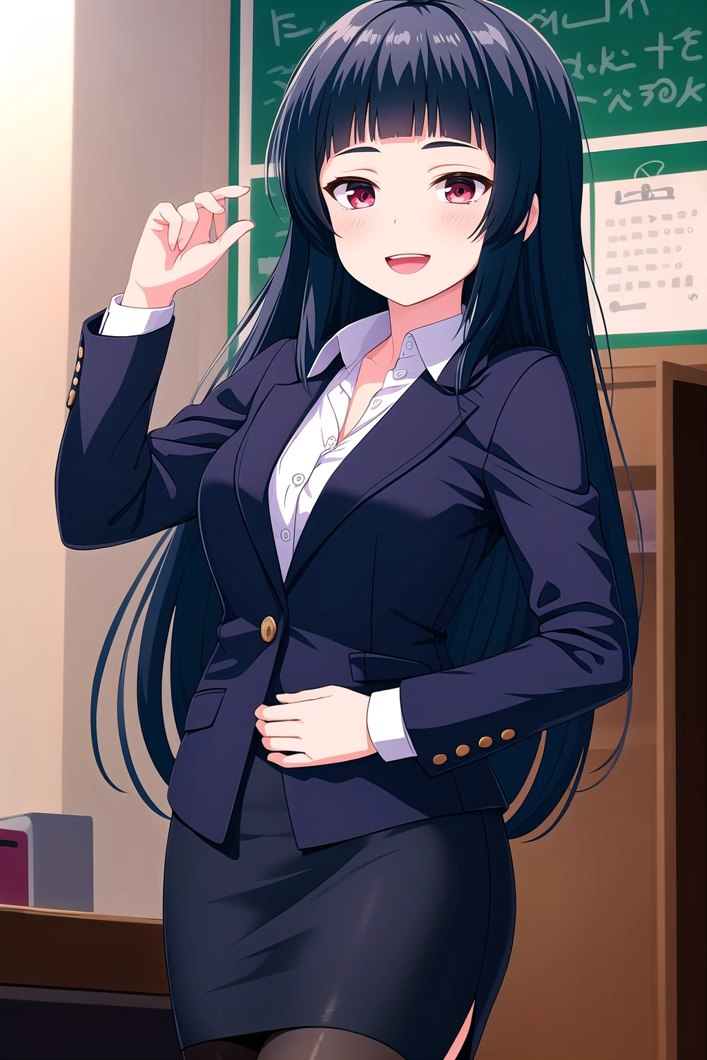 (masterpiece, best quality), highly detailed background, perfect lightingbest quality, kurokawanagiko, solo, indoors, office, office lady, dark blue hair, blunt bangs, very long hair, red eyes, medium breasts, black jacket, blazer, business suit, suit, white shirt, long sleeves, belt, black skirt, miniskirt, pencil skirt, skirt suit, vertical-striped skirt, black pantyhose, smile, open mouth, :d, pink lips, <lora:Kurokawa-Nagiko:0.7>