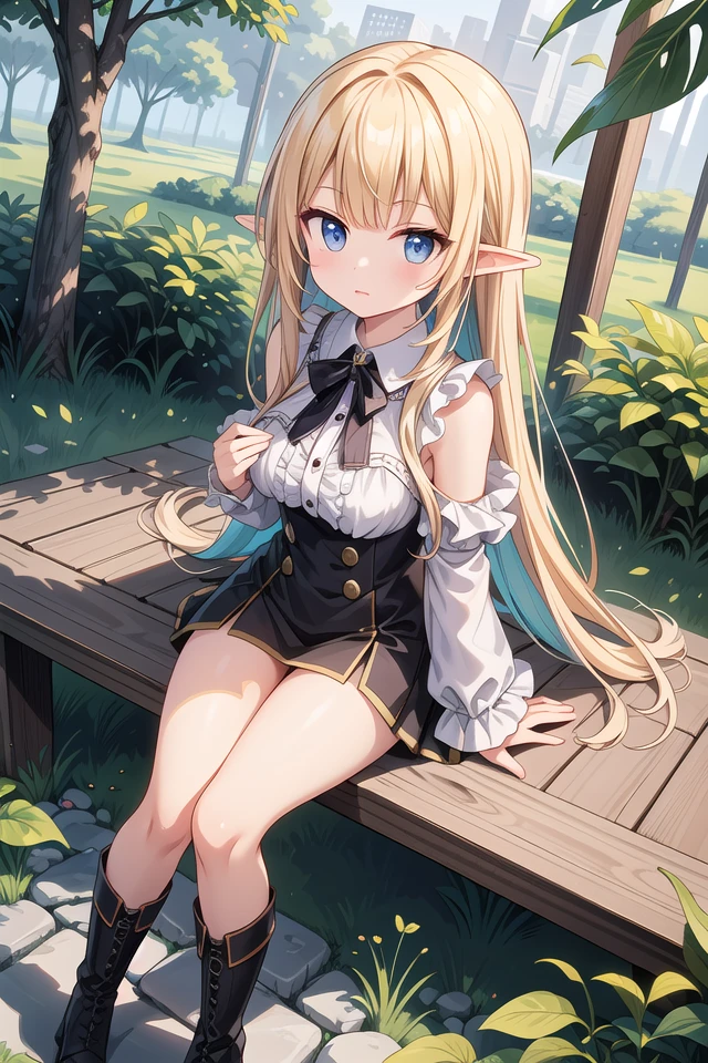 insanely detailed, absurdres, ultra-highres, ultra-detailed, best quality,
1girl, solo, nice hands, perfect hands
BREAK
elf girl, boots
BREAK
sitting on branch,
from above,looking up,
cowboy shot, looking at viewer
BREAK
slender, kawaii, perfect symmetrical face, ultra cute girl, ultra cute face, ultra detailed eyes, ultra detailed hair, ultra cute, ultra beautiful
BREAK
in forest, ground, leaf, butterfly, (wide shot magnificent view:1.2),
(dappled sunlight:1.2), blurry, (depth of field:1.1)
BREAK
shiny hair, blonde hair, blunt bangs