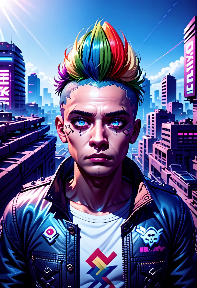 spltzz,  1boy, blue eyes, multicolored hair,  short hair, mohawk, rainbow hair, city view, downtown, urban Cyberpunk landscape, leather jacket, rainbow hair, tshirt, jeans, synthwave, outrun, SplatterPunk,, zPDXL  PonyXLV6_Scores