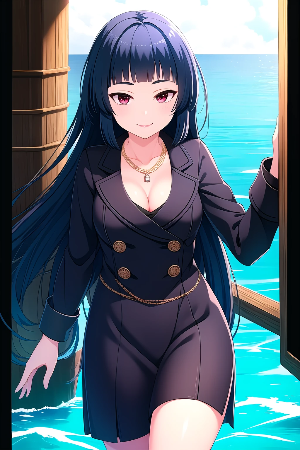 (masterpiece, best quality), highly detailed background, perfect lightingbest quality, kurokawanagiko, solo, outdoors, watercraft, ocean, pirate, dark blue hair, blunt bangs, very long hair, red eyes, medium breasts, necklace, jewelry, black coat, open coat, purple dress, cleavage, long sleeves, purple skirt, pirate costume, smile, closed mouth, :), pink lips, <lora:Kurokawa-Nagiko:0.7>