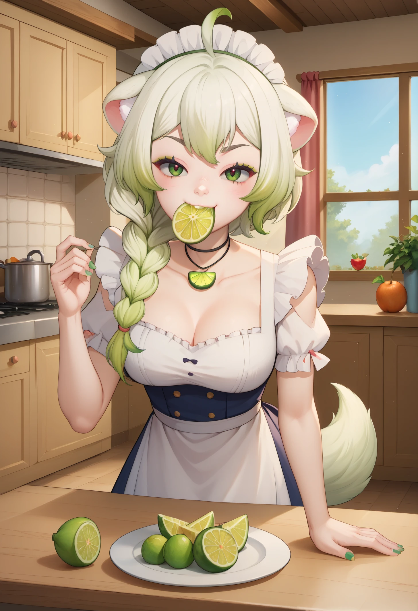 score_9, score_8_up, score_7_up, BREAK 1girl, solo, LaimuVT, green eyes, animal ears, tail, multicolored hair, medium hair, single braid, breasts, <lora:LaimuPDXL_V1-Manityro-CAME:1.0>, indoors, kitchen,
looking at viewer, eating, lime \(fruit\) in mouth, bedroom eyes, smug, cute expression, hands on table,
choker, necklace, green eyeshadow, light green nails, maid headdress, maid apron,