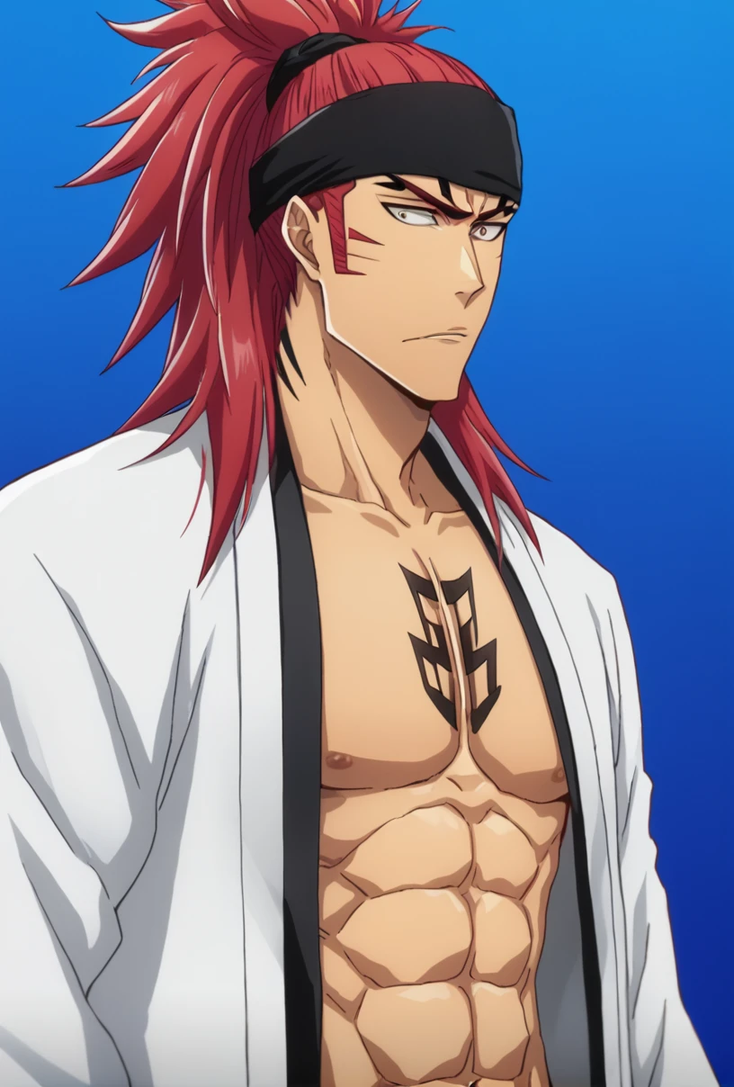 score_9, score_8_up, score_7_up, ,source_anime,BREAK,overalldetail,eyedetail,detailed face,
BleachTYBW,renji,score_9,, 1boy, male focus, solo, red hair, japanese clothes, long hair, ponytail, tattoo, pectorals, upper body, headband, abs, open clothes, blue background
 <lora:bleach_tybw_pony:0.8>