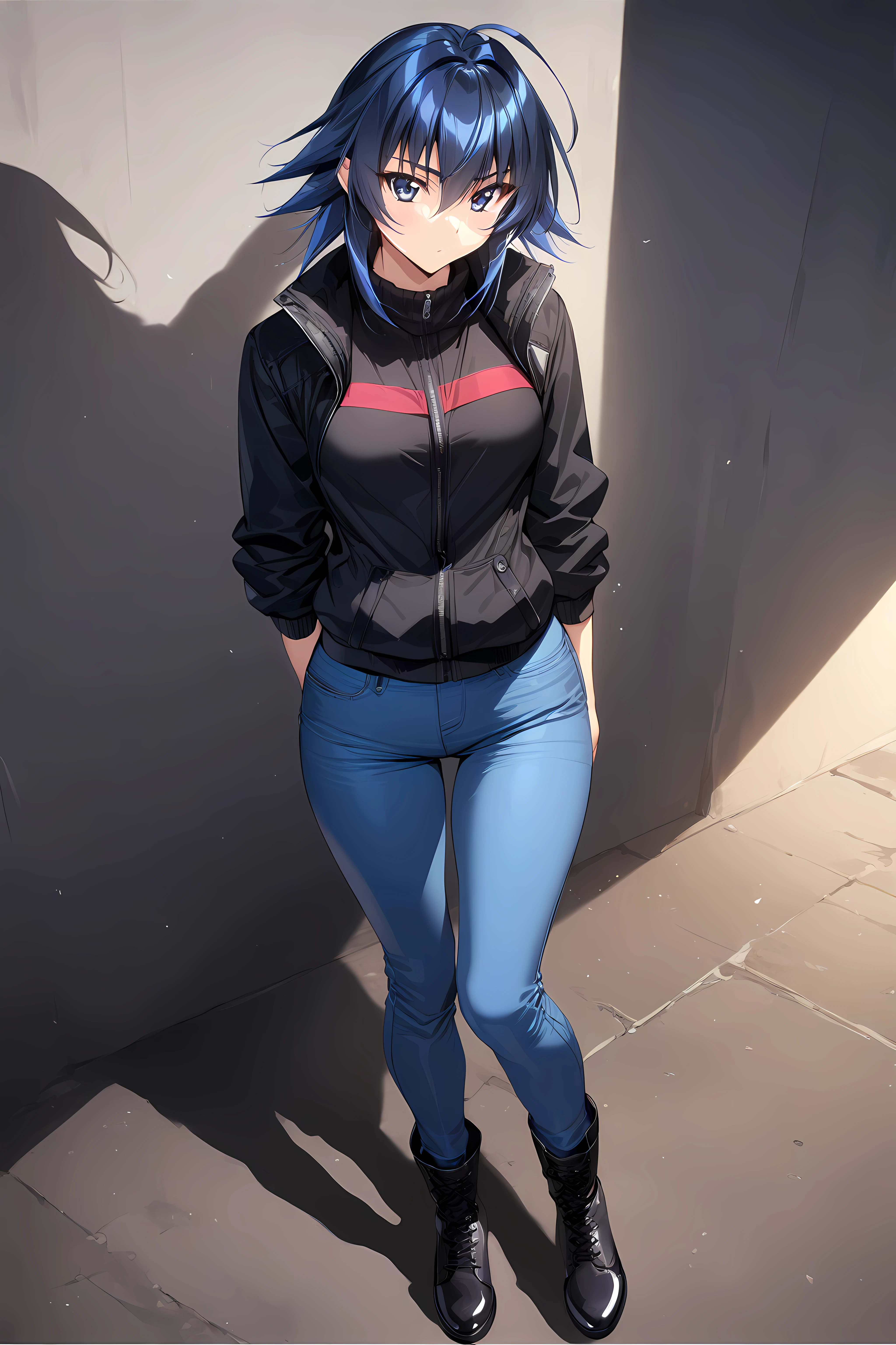 (masterpiece),(best quality),(ultra-detailed),(best illustration),(best shadow),(absurdres),(detailed background),(very aesthetic),  akitsuki_karasu artstyle, ayamine kei, casualoutfit1, 1girl, solo, pants, jacket, boots, jail background, blue pants, simple background, black footwear, full body, blue hair, black jacket <lora:Ayamine_Keiå½©å³°_æ§_-_Muv_Luv_Alternativeããã©ã´ãªã«ã¿ãã¤ãã£ã_SDXL_Animagine_XL_3.1:1>