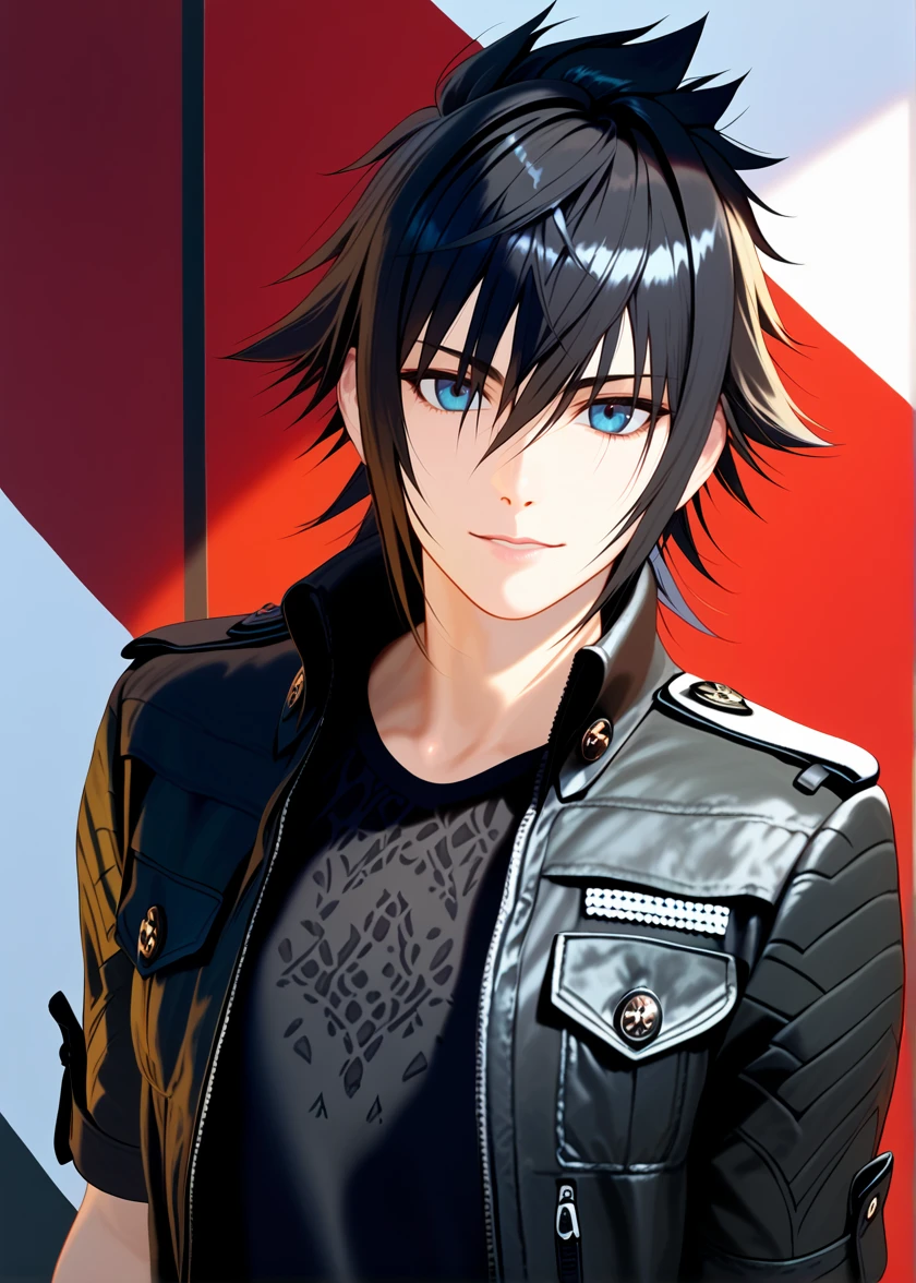 source_realistic, realistic, photo, textured skin, skin pores, <lora:Noctis_(pony):1>, noctis, 1boy , upper body, posing for a photo, black jacket, black shirt, fingerless gloves,  posing for a photo, (zPDXL, zPDXLxxx, score_9, score_8_up, score_7_up),