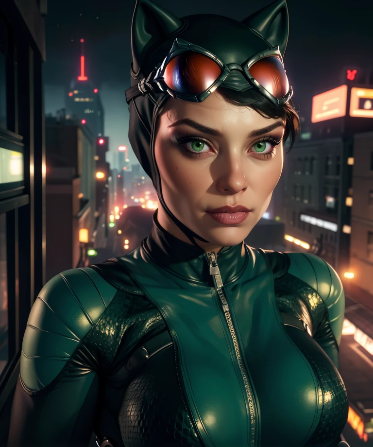 Selina,green eyes,
bodysuit,headcap,cat ears,goggles on head,
standing,upper body,
cityscape,night,
(insanely detailed, masterpiece, beautiful face, best quality),solo,<,,,,<lora:catwomanAK:0.8>,,,,,