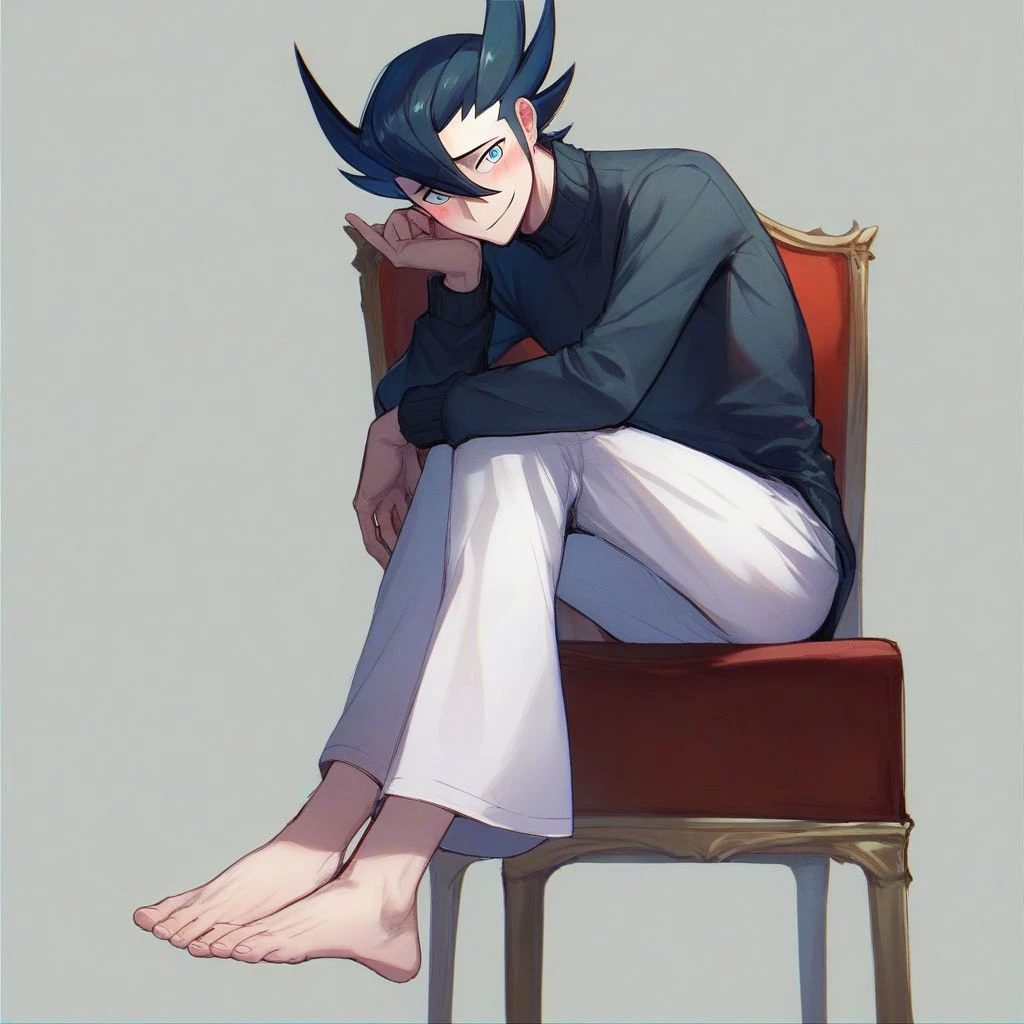 score_9,score_8_up,score_7_up,score_6_up,score_5_up,score_4_up, solo, 1boy, male focus, black hair, blue eyes, hair between eyes, sitting, chair, barefoot, toe, sole, ankle, smile, blush, black shirt, turtleneck, grey cardigan, white pants