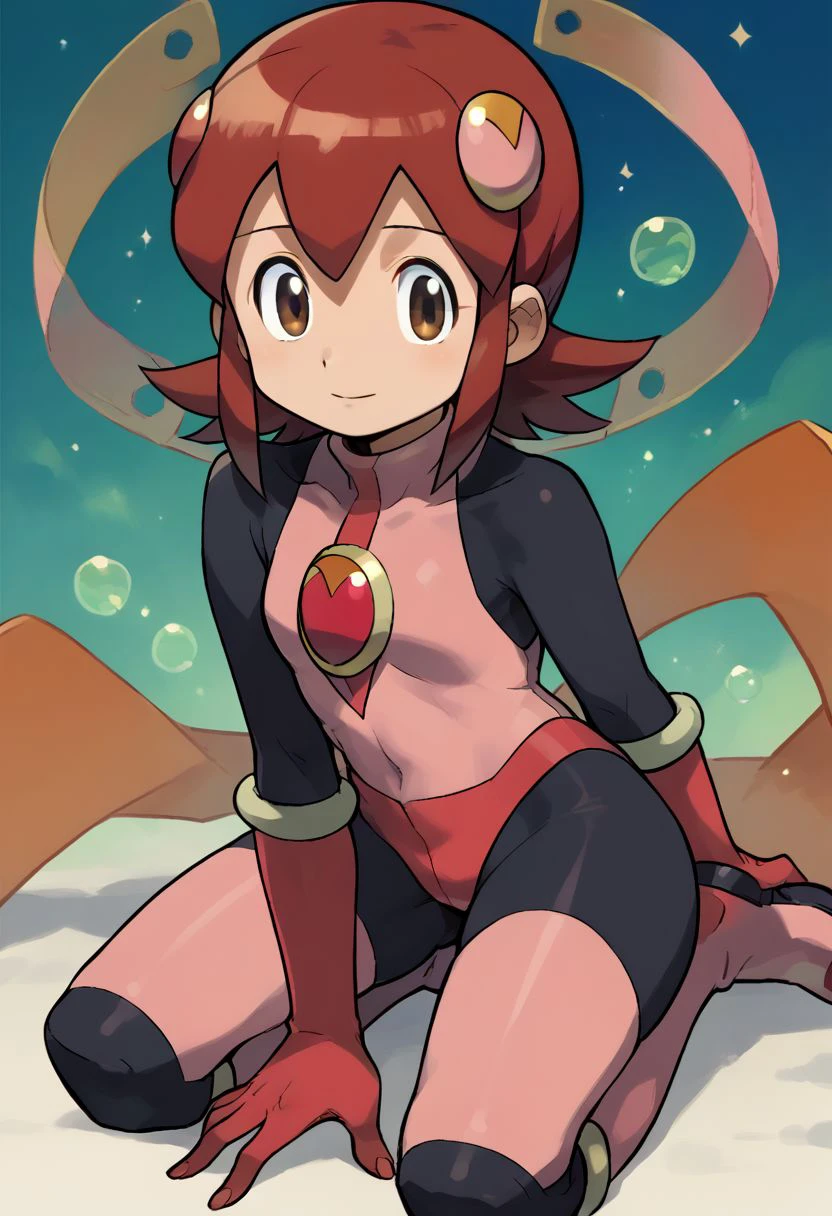 score_9, score_8_up, score_7_up, source_anime,
ishikawa hideki style, mayl_sakurai_(mega_man), 1girl, short hair, hair ornament, brown eyes, red hair, pink bodysuit, pink gloves, knee boots, pink boots, solo