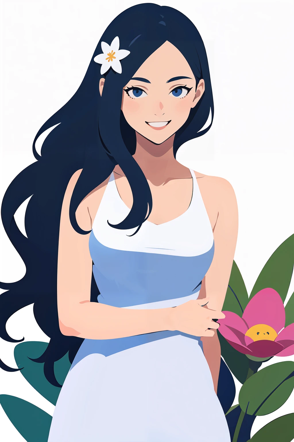 ((masterpiece,best quality)), absurdres,   1girl, solo, long hair, looking at viewer, smile, blue eyes, simple background, black hair, white background, dress, bare shoulders, very long hair, flower, sleeveless, white dress, black eyes, sleeveless dress,   <lora:FlatAnime:0.8>,