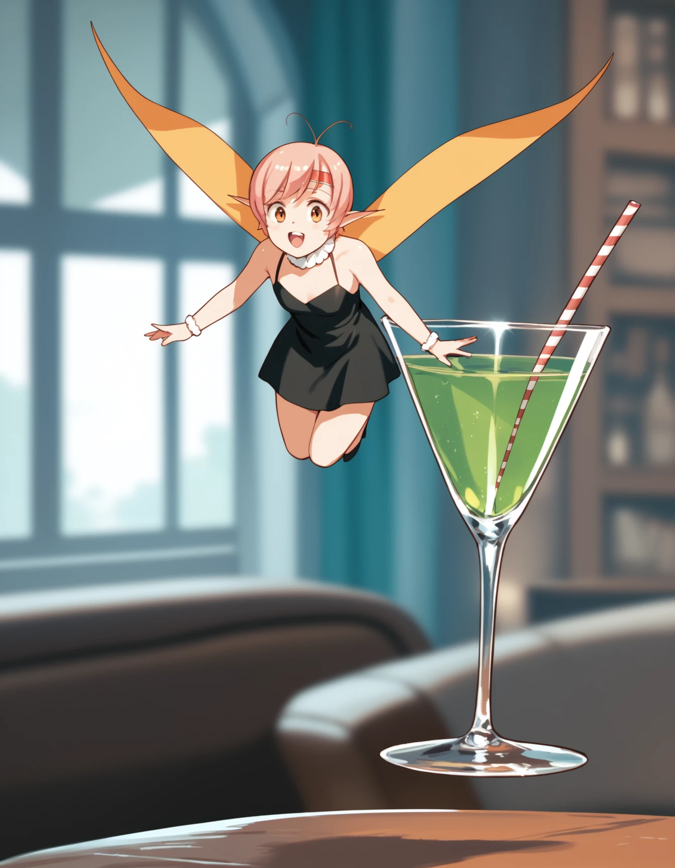 score_9,  score_8_up, score_7_up <lora:tippi-ponyxl-000025:1> tippi, dress, minigirl, fairy wings,
1girl, open mouth, smile, flying, from side, indoors, drinking glass