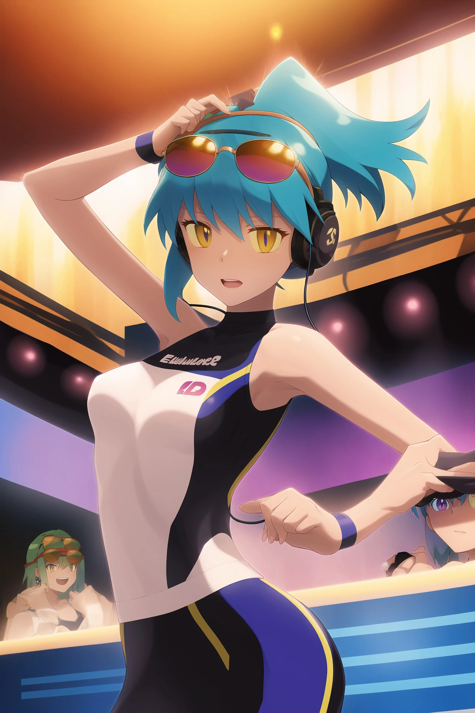 anime drawing of EulaLawrence with blue_hair and yellow_eyes and purple_eyes, high contrast, high saturation, nightclub,(amber sunglasses),stage,(earphones),racing clothes,dancing,, <lora:3bc368a2-dd56-479b-b70d-aef84b681ce0:1.0>