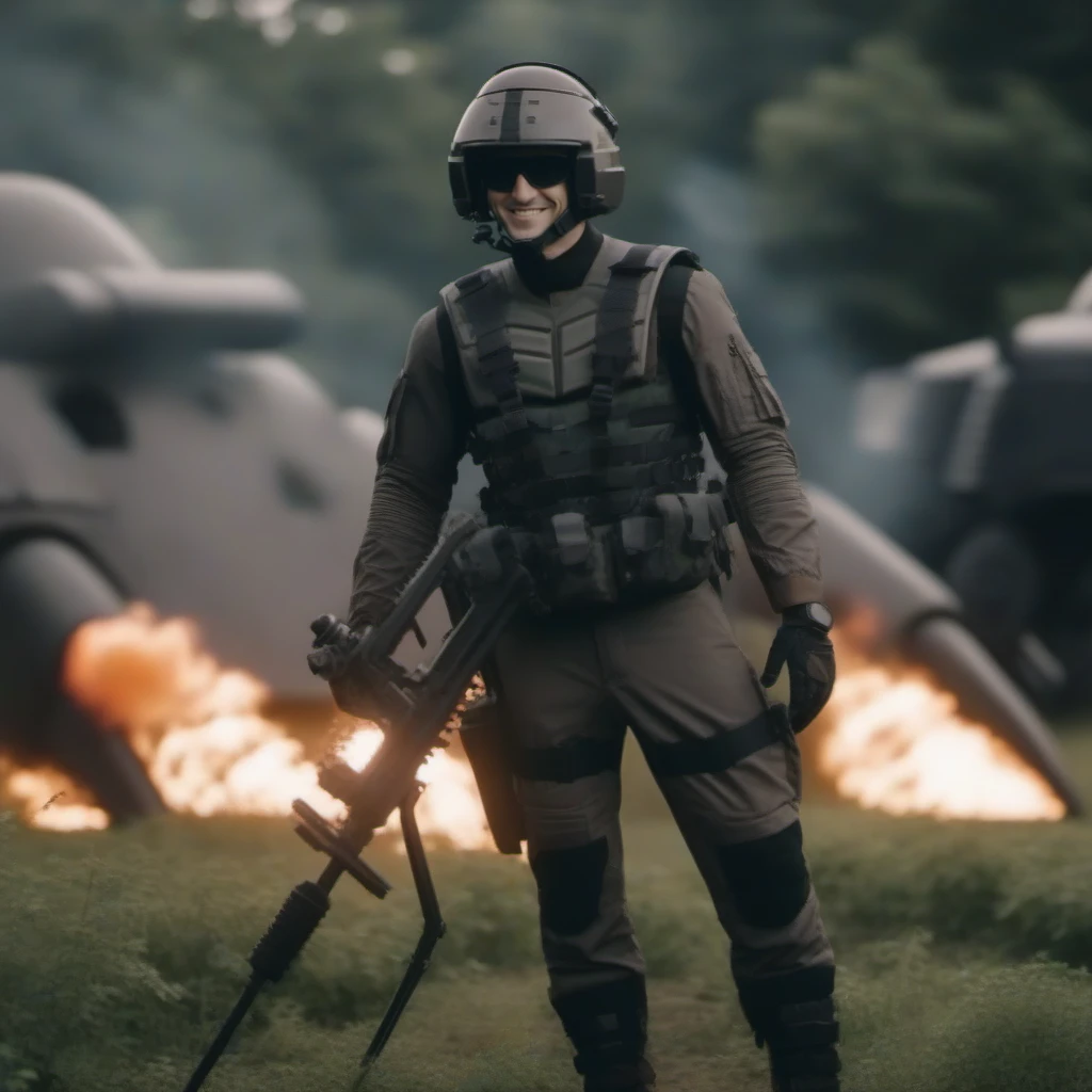 cinematic photo a man with a army suit and a helmet, smiles and use a flamethrower on giant bugs <lora:StarshipTroopers1024:0.9> . 35mm photograph, film, bokeh, professional, 4k, highly detailed