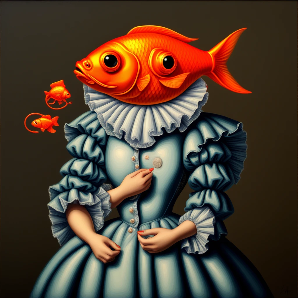 artist name, brown eyes, parody, still life, goldfish, frilled sleeves, ring