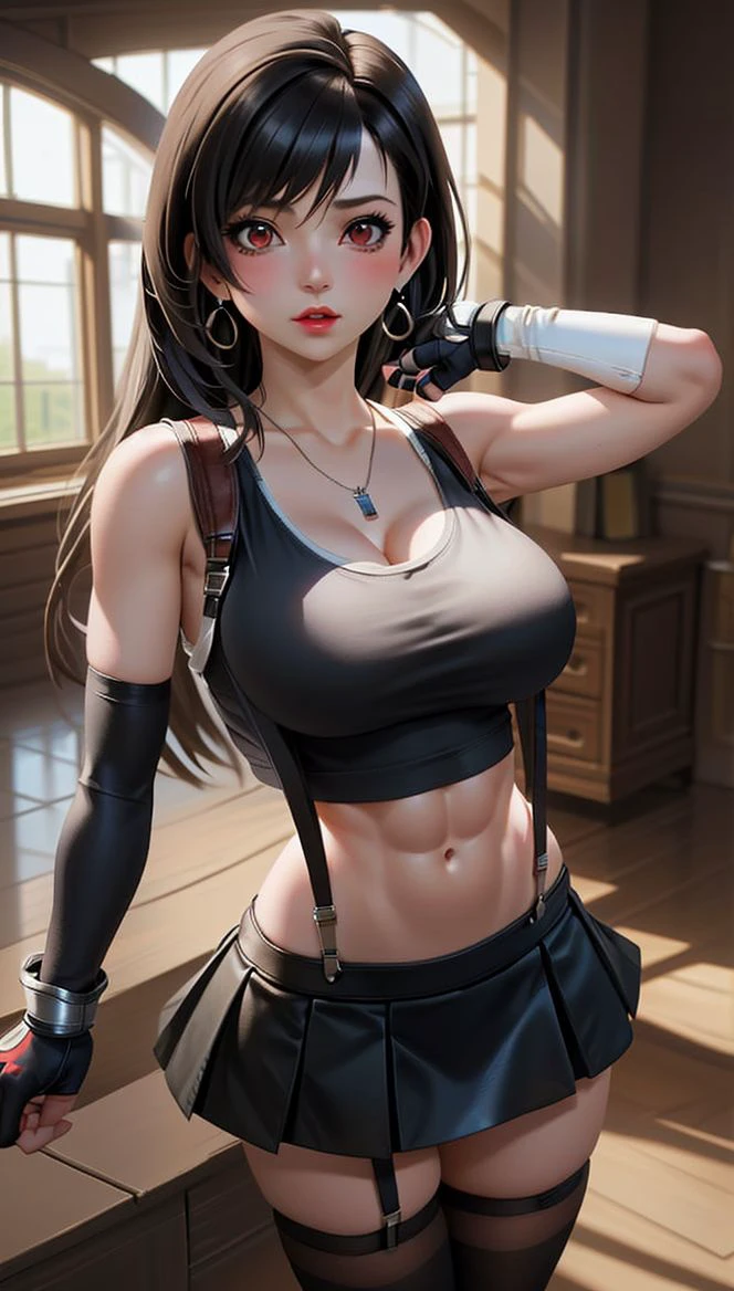 tifa_lockhart highres lora 1girl abs black_skirt breasts crop_top earrings elbow_gloves elbow_pads fingerless_gloves gloves jewelry large_breasts long_hair low-tied_long_hair midriff miniskirt navel shirt skirt solo suspender_skirt suspenders tank_top taut_clothes taut_shirt thighhighs white_tank_top, big breasts, at home, with lingerie, completely naked,   <lora:tifalock_hart_final_fantasy_dx_epoch_6:1>