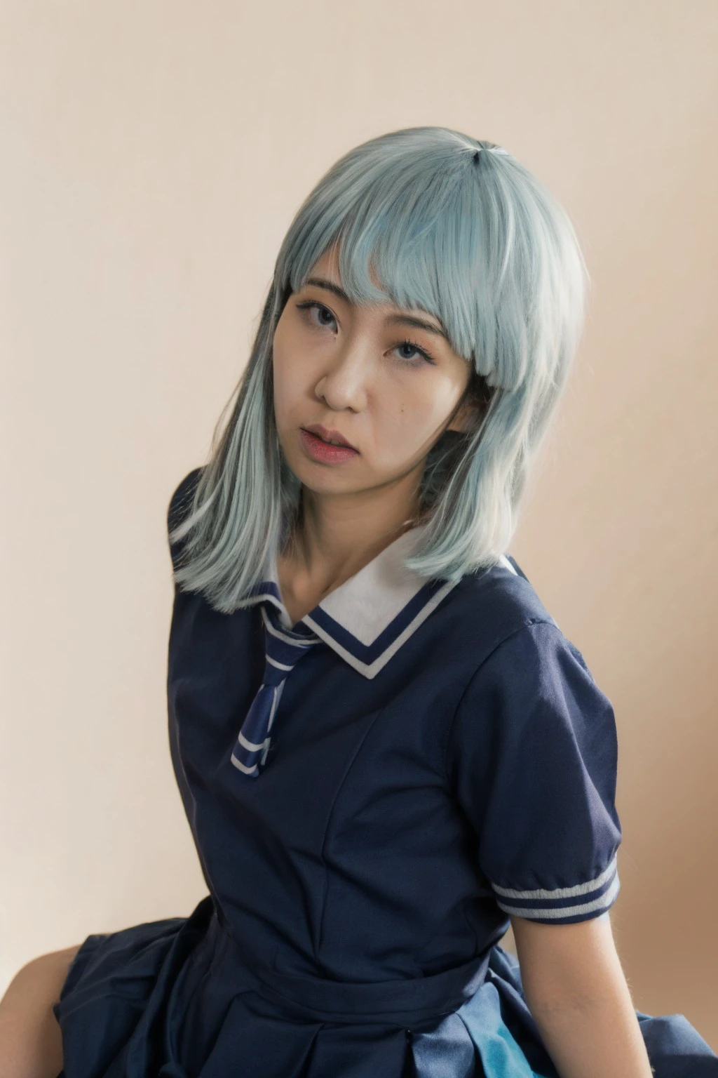 1girl, solo, small breasts, looking at viewer, realistic, photorealistic, lips. short hair, bangs,sky blue hair, cinematic lighting, highly detailed, sharp focus, professional photoshoot, 8k, DOF, (in studio, white background), <lora:Carman_Yan:1> ,<lora:breastsizeslideroffset:-0.3>, <lora:skin_slider_v2_1_FACE:0.5>, <lora:add_detail_v5:1>, sakuragaoka high school uniform, school uniform, uniform