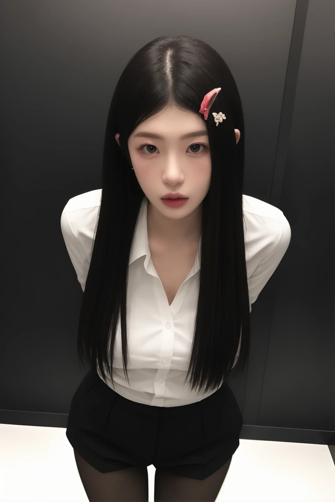masterpiece, high quality,1girl, standing, office lady, looking at viewer, pantyhose, hairclip, cowboy shot, formal, open clothes, skin tight, thigh gap, arms behind back,
<lora:koiett_v1:0.5> <lora:ip-adapter-faceid-plusv2_sd15_lora:0.63>