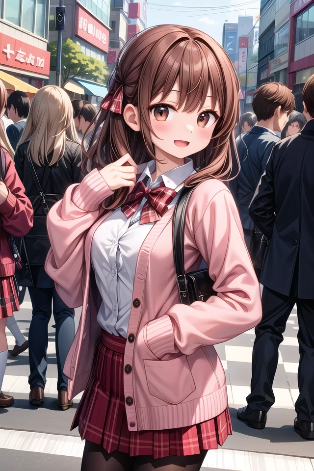 insanely detailed, absurdres, ultra-highres, ultra-detailed, best quality,
1girl, solo, nice hands, perfect hands
BREAK
(School Uniforms:1.2), (pink cardigan is fit body:1.4), ((do up a buttons, not loose):1.5), ((long sleeve, sleeves past wrists):1.2), (inner wear is white collared-shirt:1.3), (red plaid-pattern bow:1.3), (red plaid-pattern pleated skirt:1.3), ((dark-brown pantyhose, loafers):1.2)
BREAK
happy smile, laugh, open mouth, standing,
from side,
cute pose, cowboy shot
BREAK
slender, kawaii, perfect symmetrical face, ultra cute girl, ultra cute face, ultra detailed eyes, ultra detailed hair, ultra cute, ultra beautiful
BREAK
in harajuku, shibuya, tokyo, street, crowd, cityscape
BREAK
medium large breasts,
(brown hair, brown eyes), hime cut