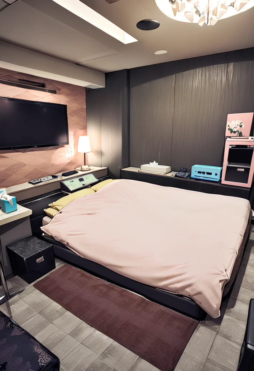 masterpiece, best quality, very aesthetic, absurdres,
lovehotel, LHbedpanel, scenery, bed, indoors, lamp, couch, table, rug, bedroom, television, pillow, phone, tissue box, box, night,
<lora:LOVEHOTEL_SDXL_V4:1>