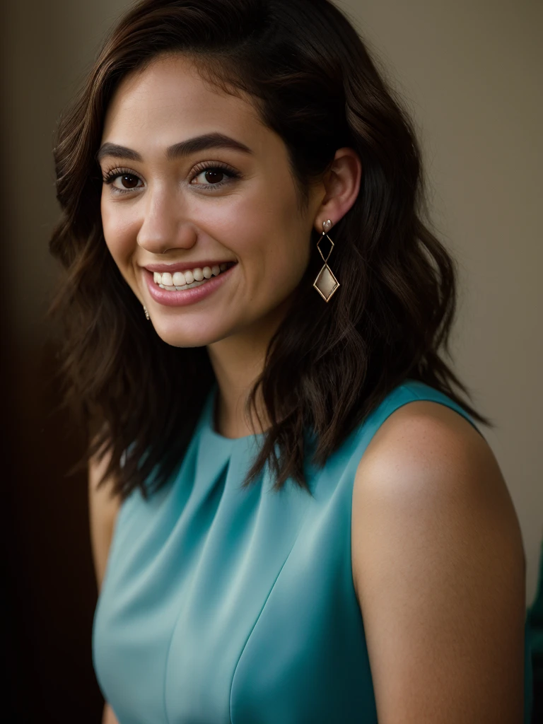 Realistic photo of a beautiful 3mmyr woman,1girl, solo, long hair, smile, brown hair, dress, brown eyes, jewelry, sitting, earrings, teeth, mole, grin, realistic, soft lighting, professional Photography, Photorealistic, detailed, RAW, analog, sharp focus, 8k, HD, DSLR, high quality, Fujifilm XT3, film grain, award winning, masterpiece<lora:3mmyr:1.0>