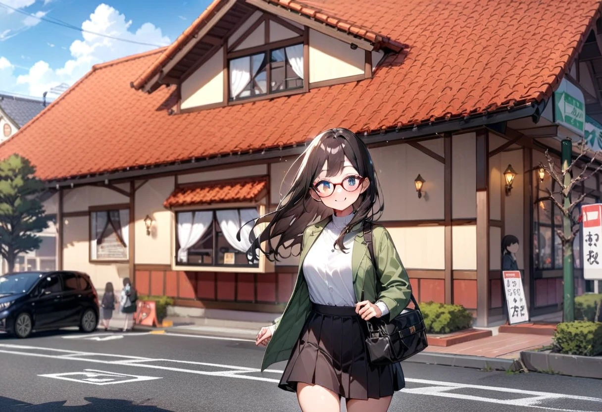 masterpiece, best quality, very aesthetic, absurdres,
1girl, solo, glasses, black hair, long hair, jacket, skirt, black bag, smile, looking at viewer, solo focus,
sawayaka, storefront, scenery, sky, road, car, outdoors, sign, blue sky, street, day, cloud, building, road sign, tree, house, power lines, window
<lora:sawayaka_SDXL_V1:1>